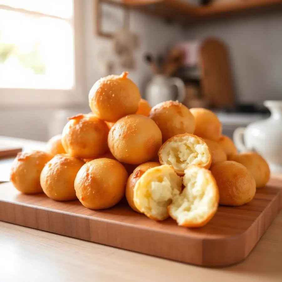 Pão de queijo dourado feito na Air Fryer sobre tábua de madeira