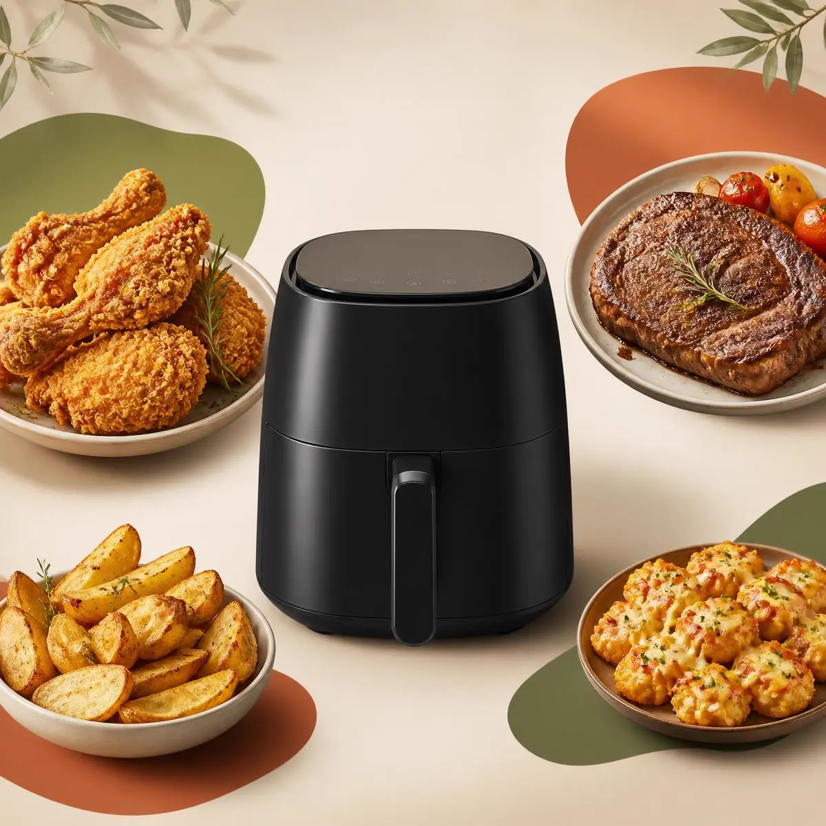 Air Fryer moderna cercada por frango crocante, carne dourada, batatas rústicas e petiscos